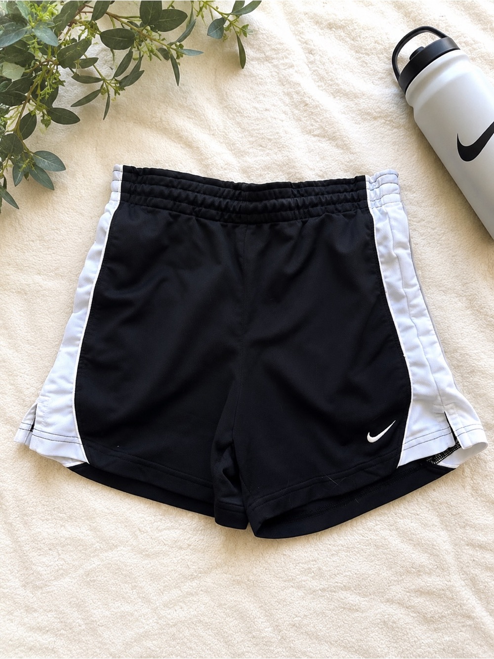 Nike Women's Black Athletic Running Shorts with White Side Panels - Dry Fit